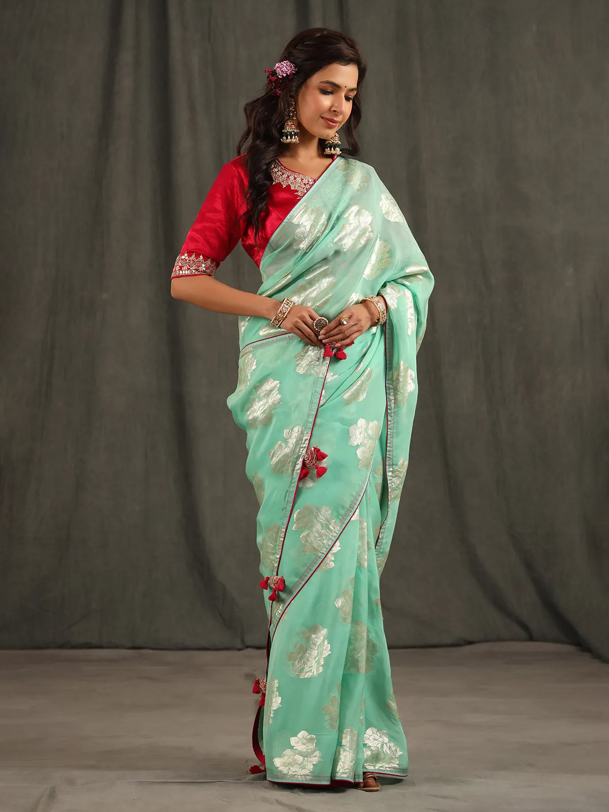 Latest sea green organza saree