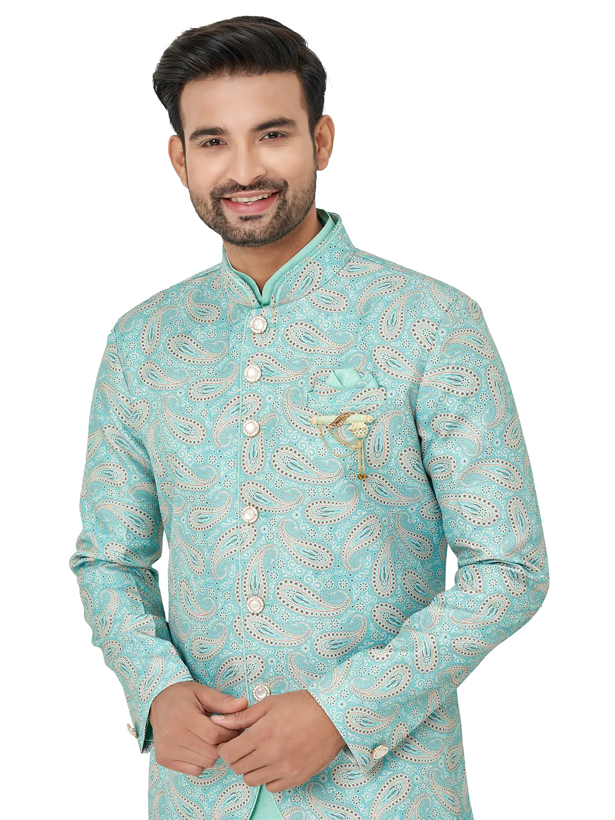 Latest sea green silk indowestern