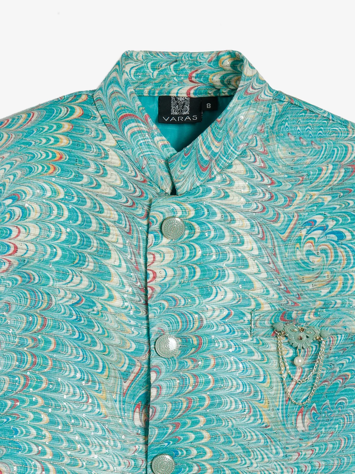 Latest sea green silk printed indowestern