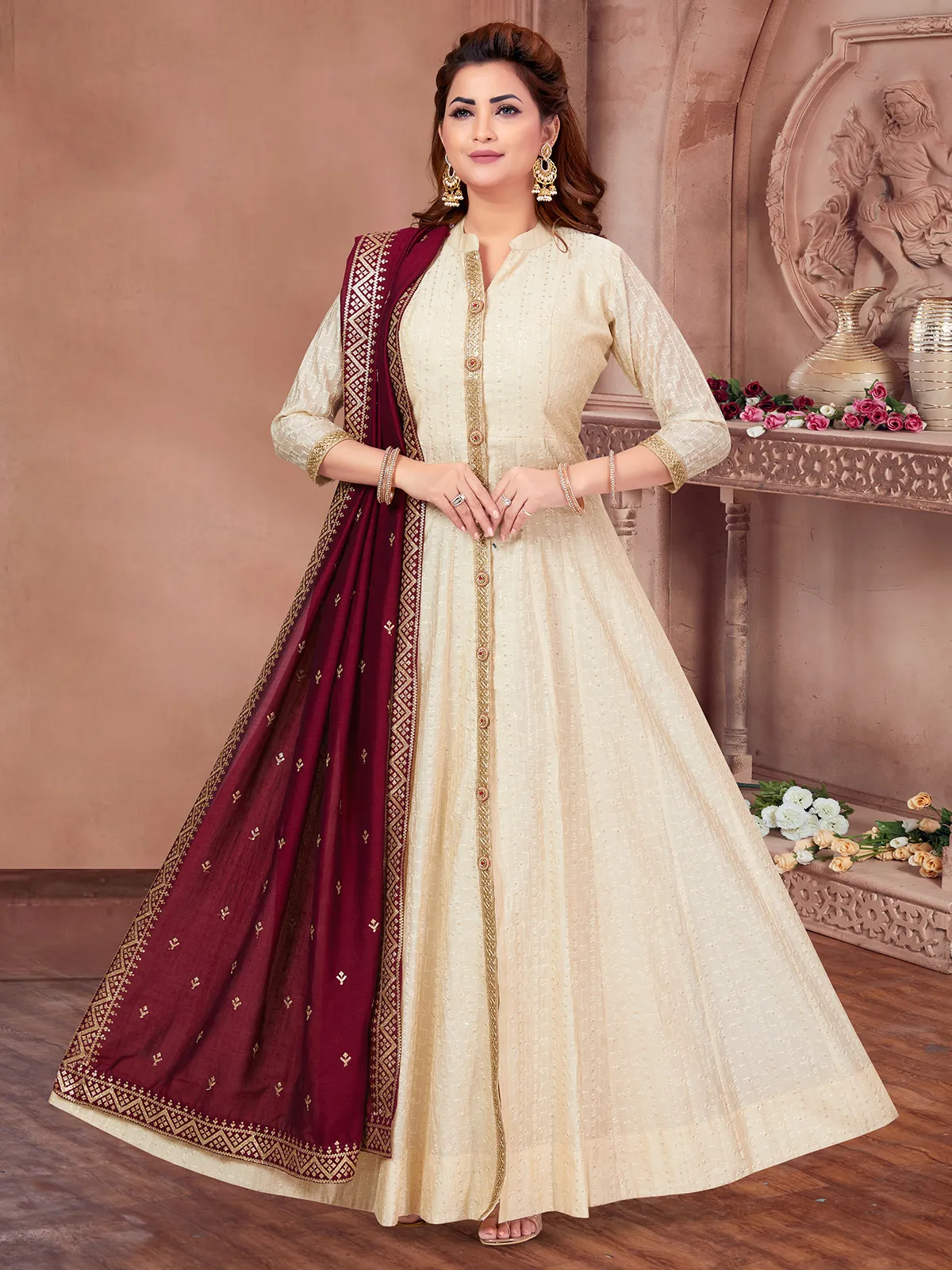 Latest silk cream floor length suit