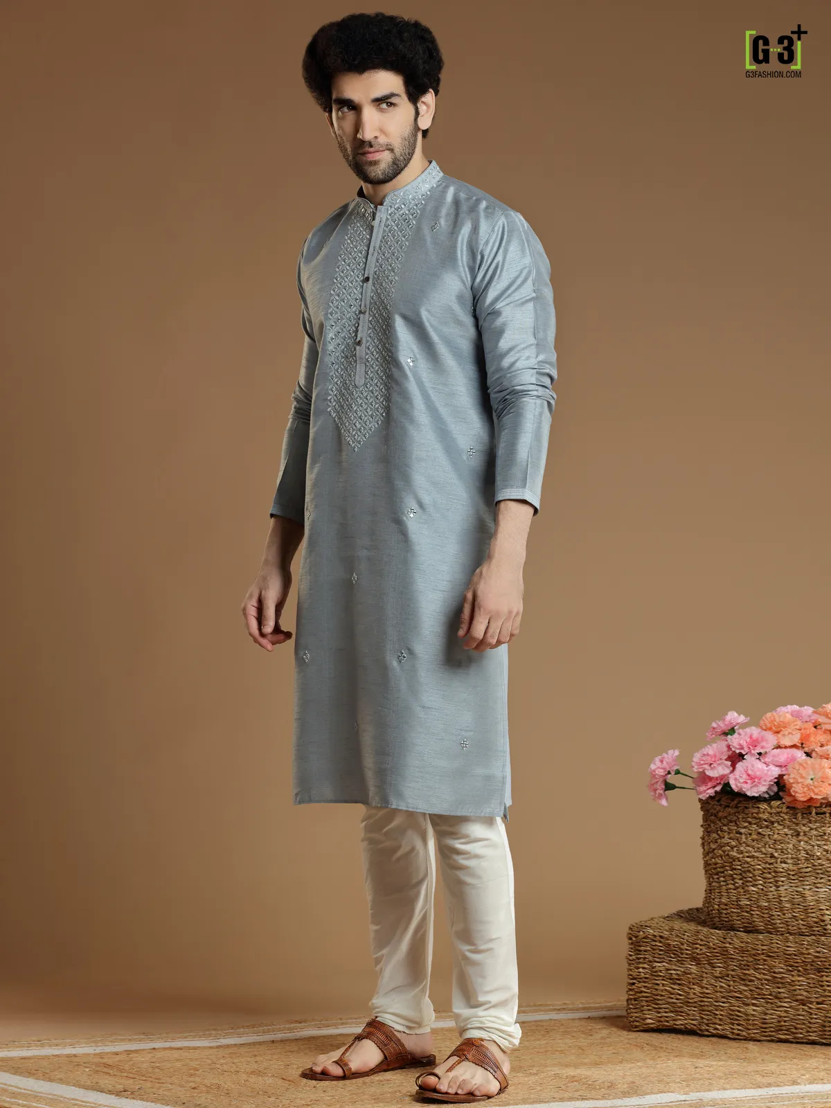 Latest silk  Men Kurta pajama in grey color