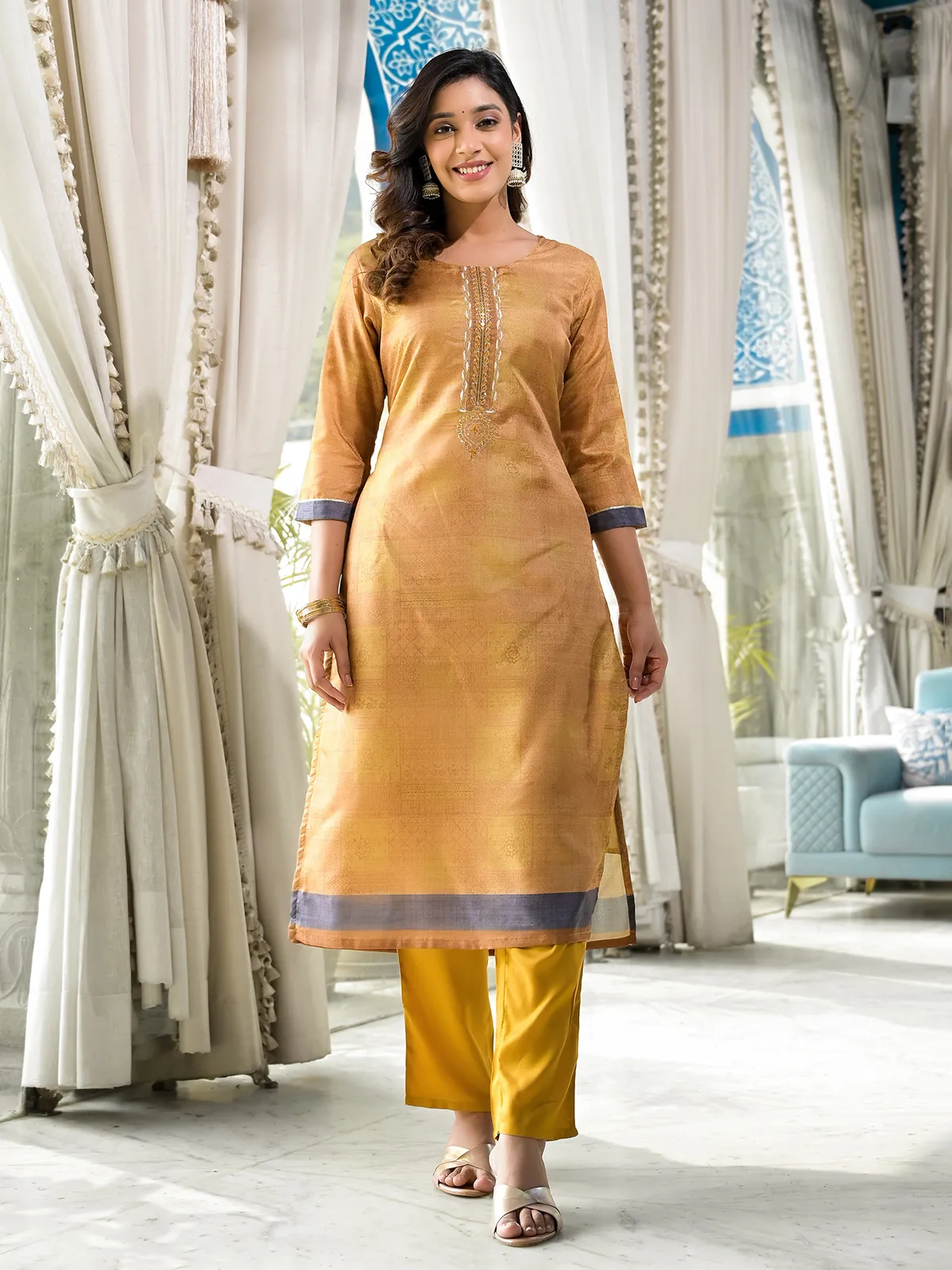 Latest silk mustard yellow kurti set