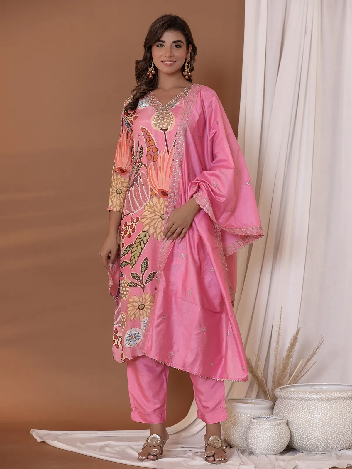 Latest silk printed kurti set in pink