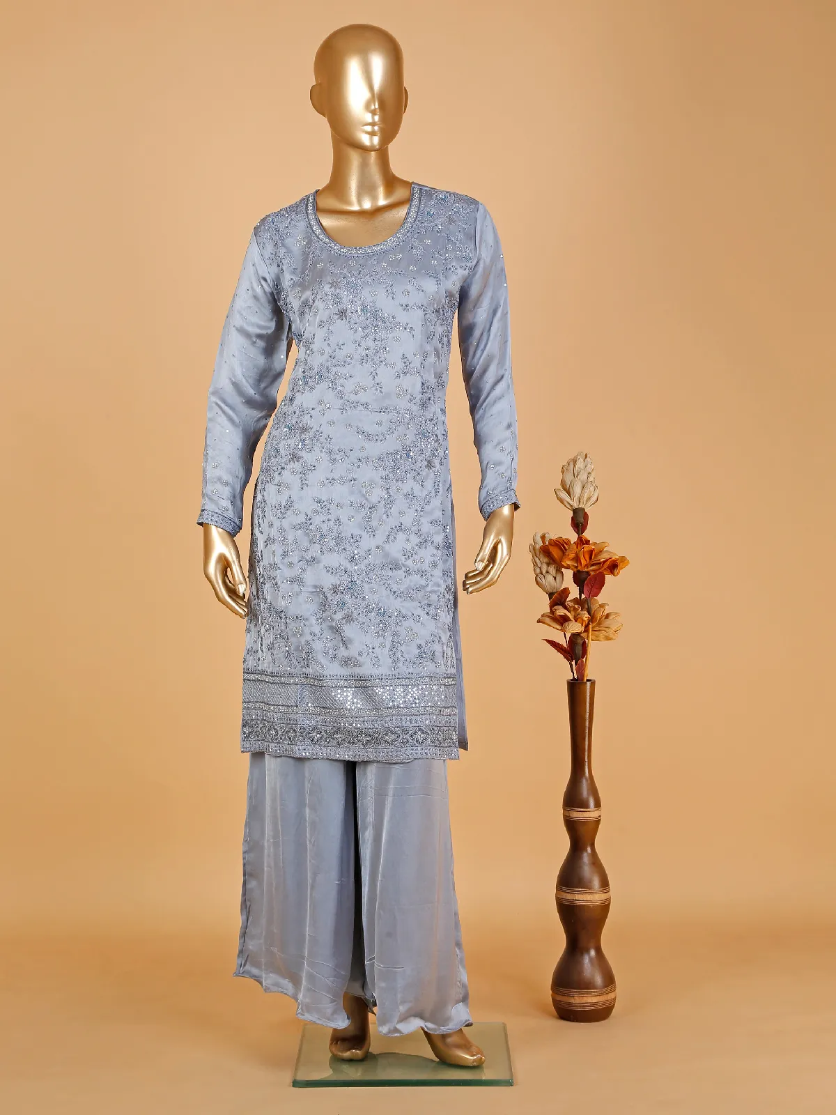 Latest stone blue palazzo suit in silk