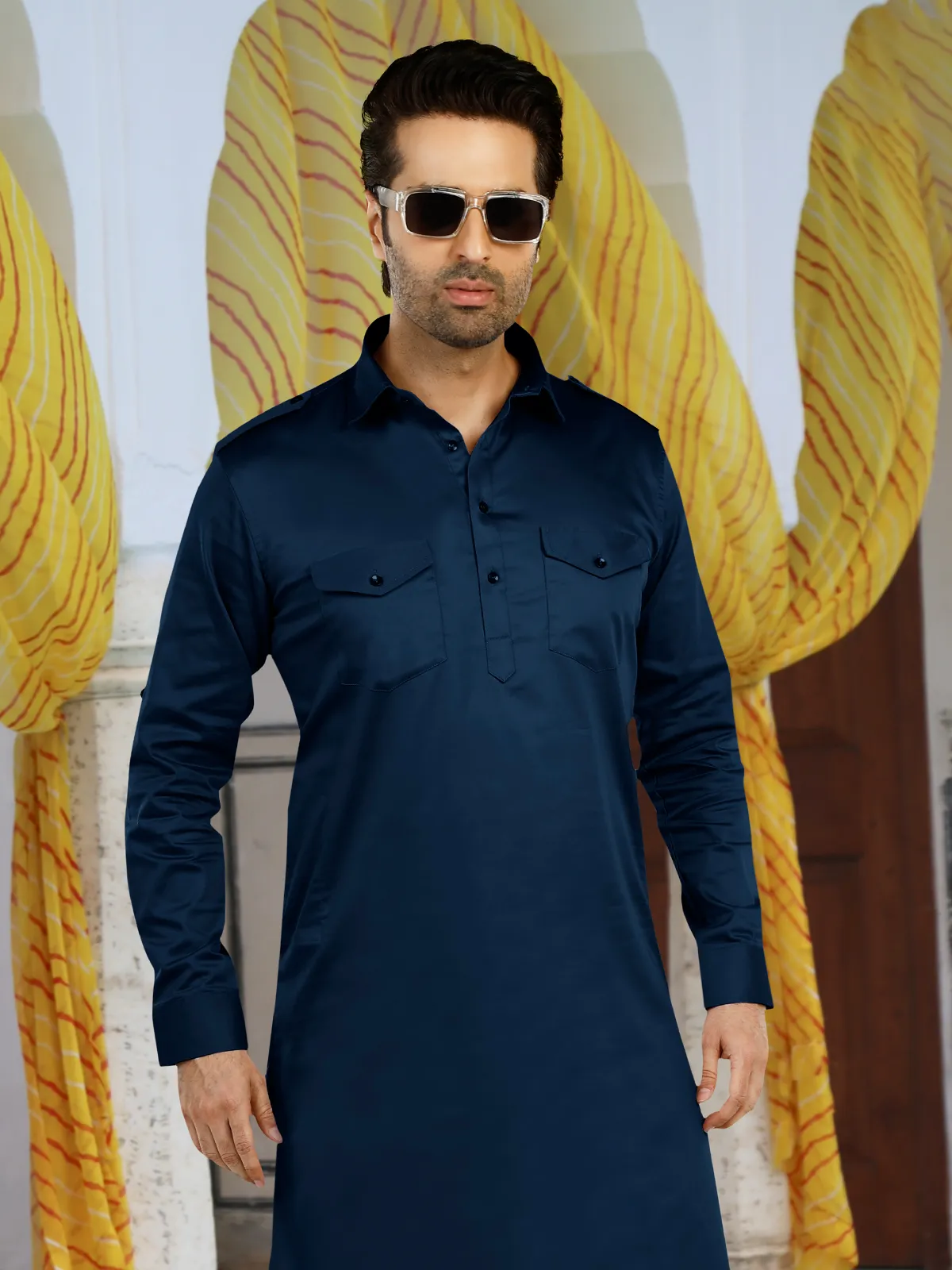 Latest teal blue cotton plain pathani suit