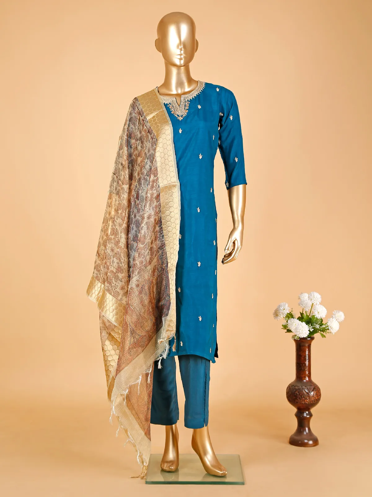 Latest teal blue silk kuri set with dupatta