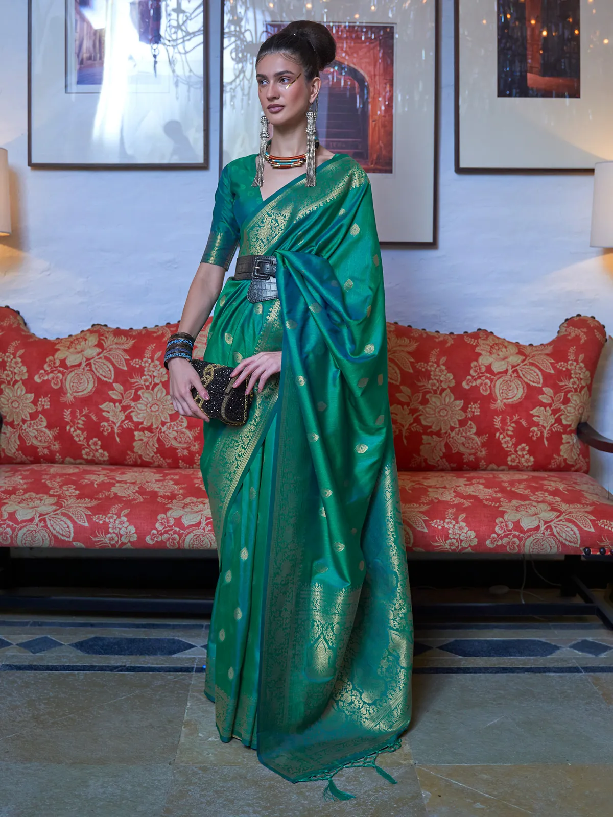 Latest turquoise green silk saree