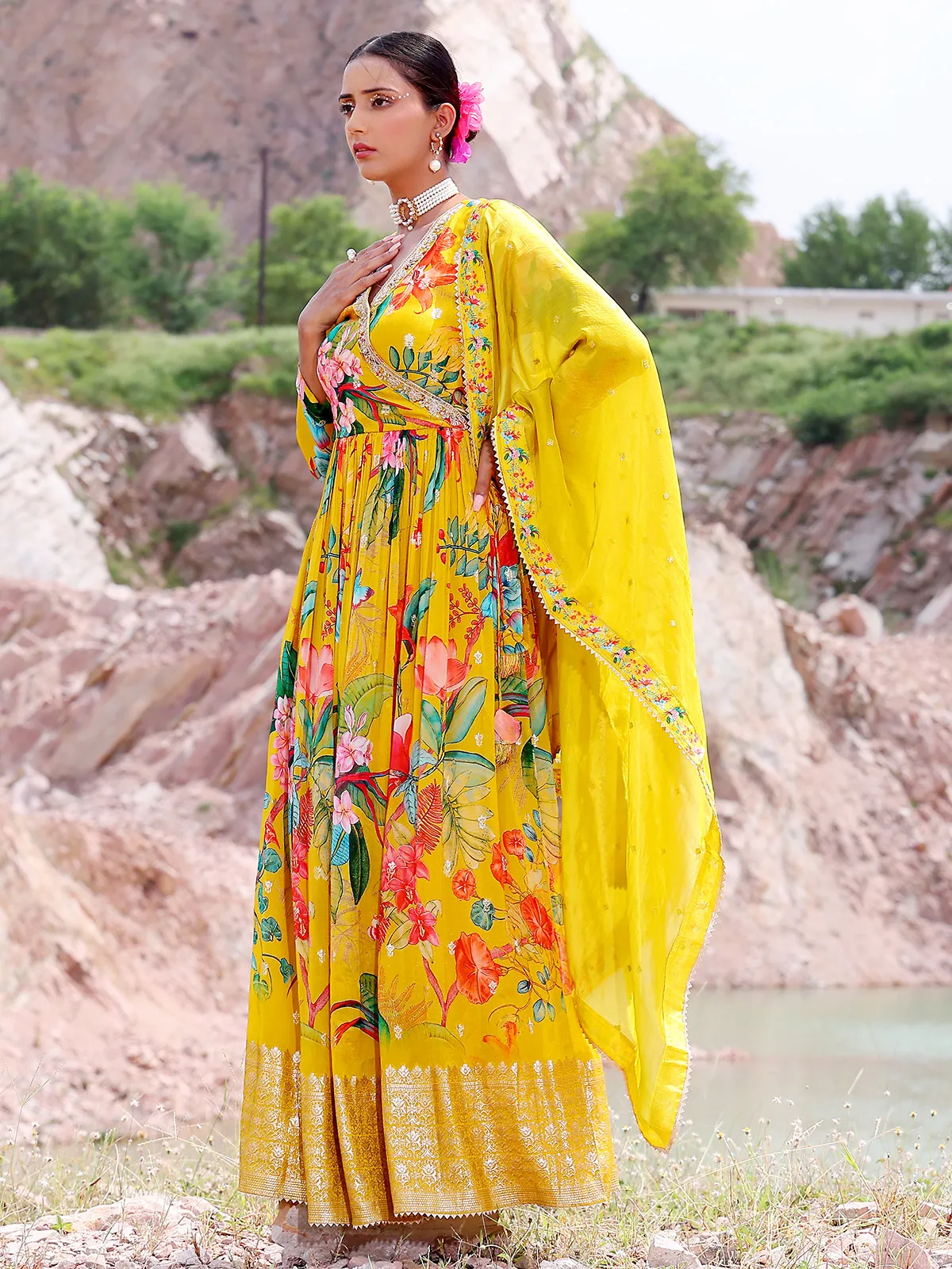 Latest yellow printed anarkali suit