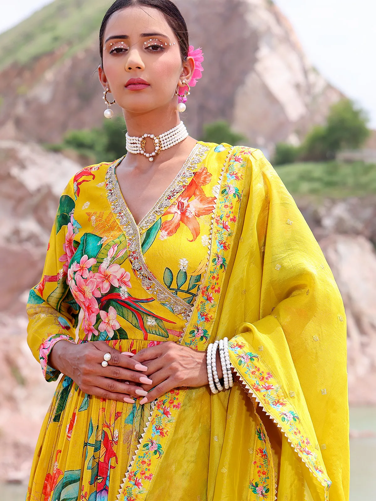 Latest yellow printed anarkali suit