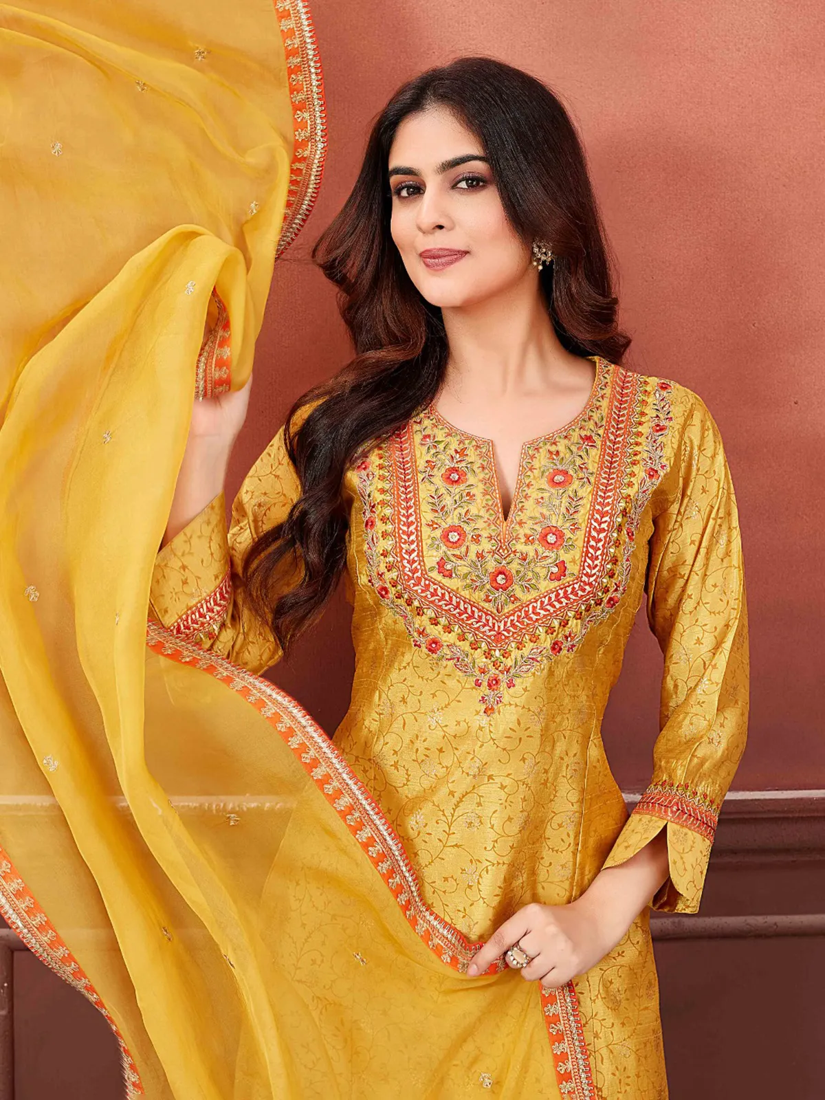 Latest yellow printed salwar suit in silk