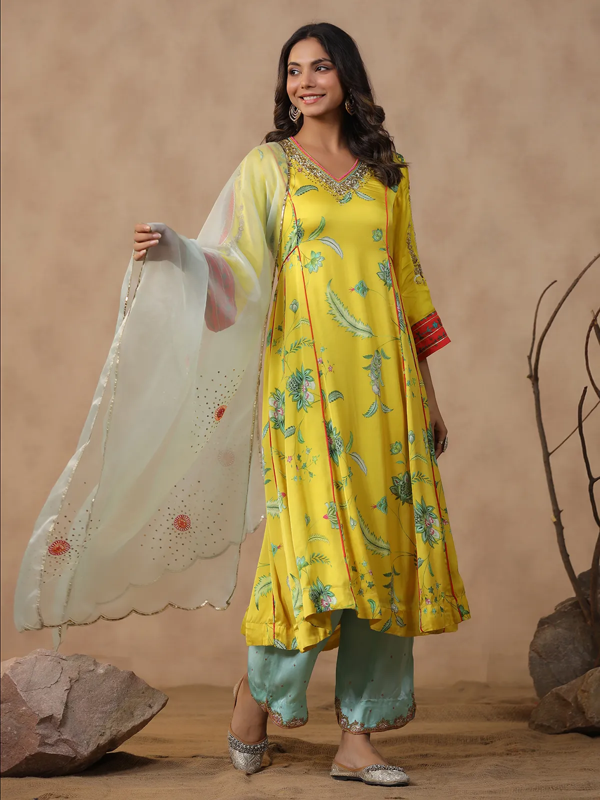 Latest yellow silk kurti set