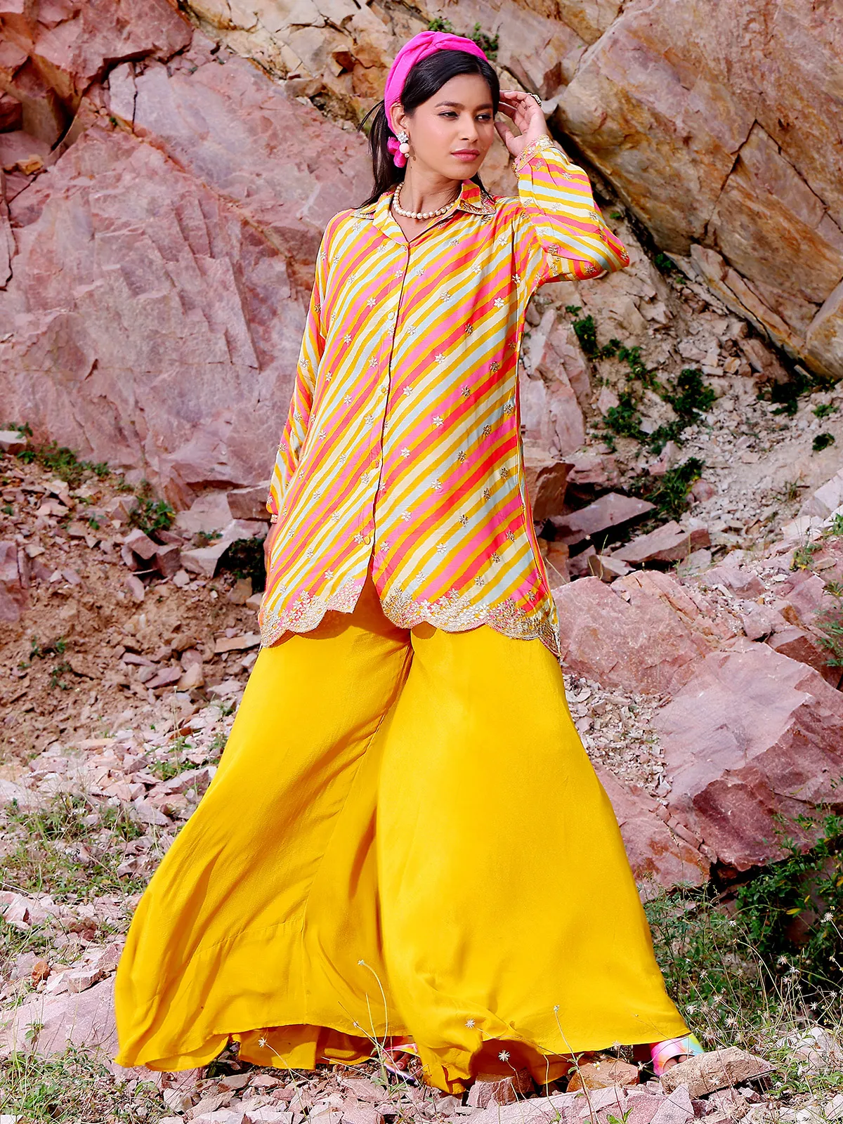 Latest yellow stripe georgette co ord set