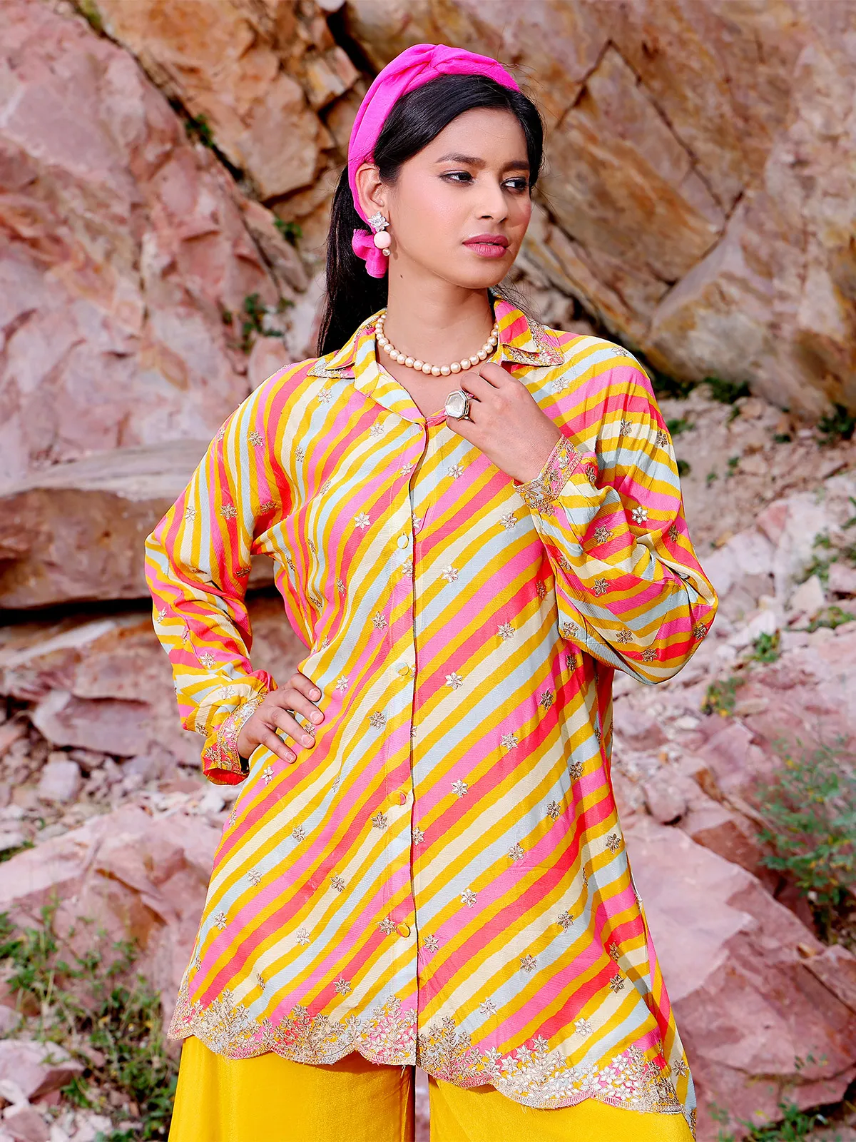 Latest yellow stripe georgette co ord set