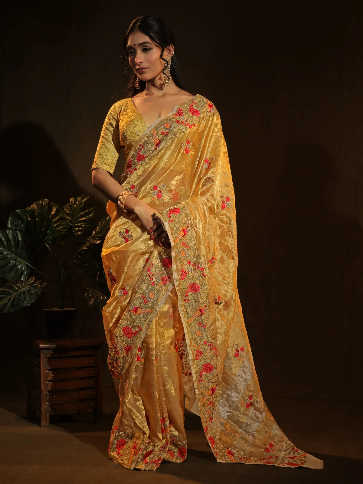 Latest yellow tissue silk saree