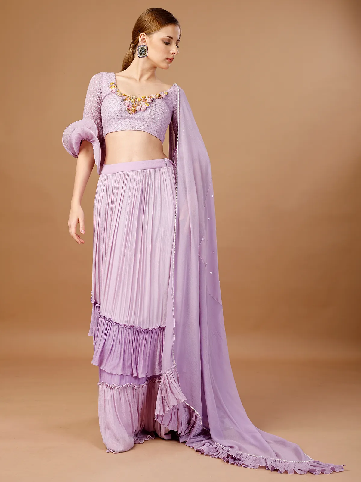 Lavender chiffon layered lehenga choli