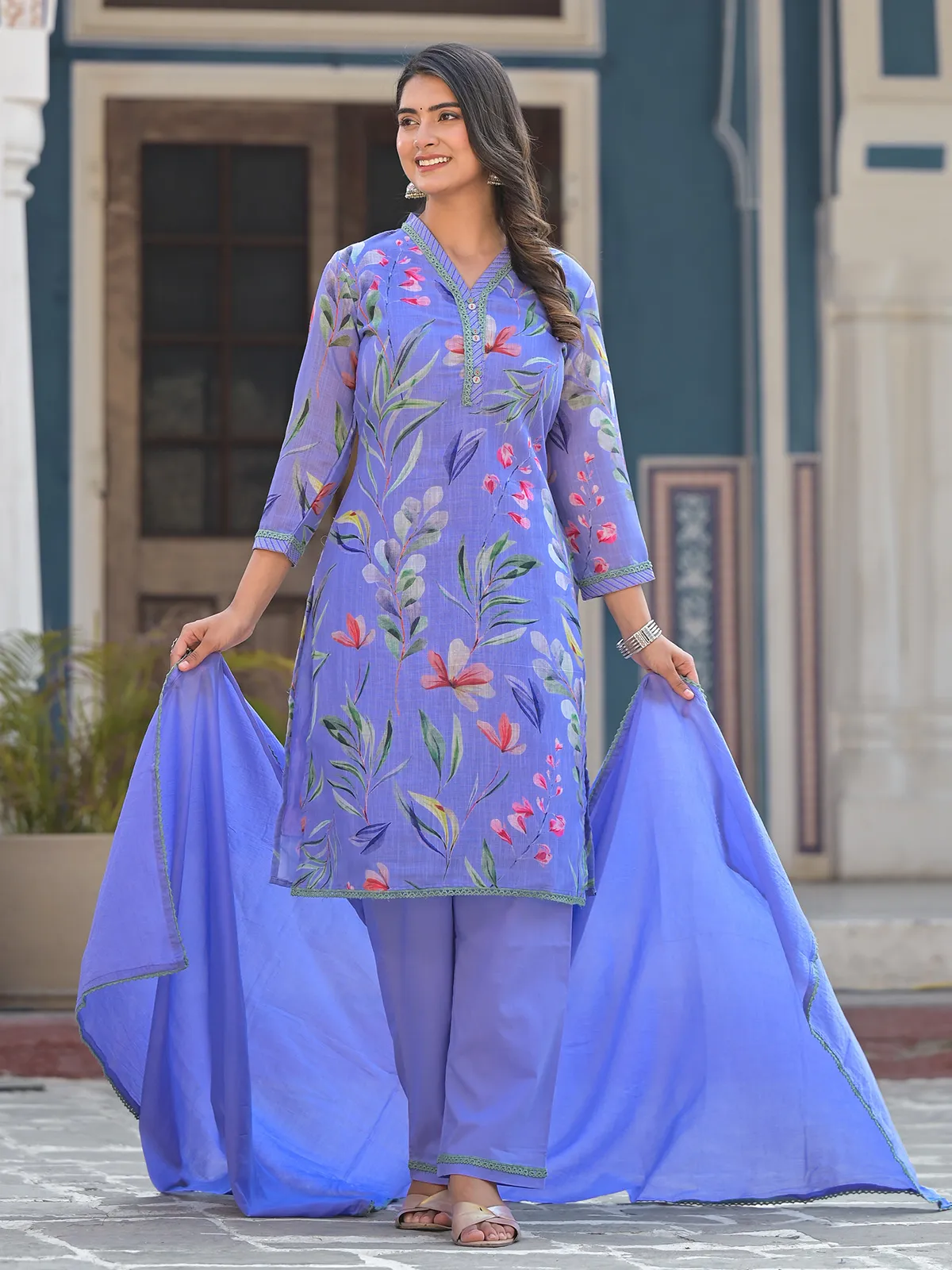 Lavender floral print cotton kurti set