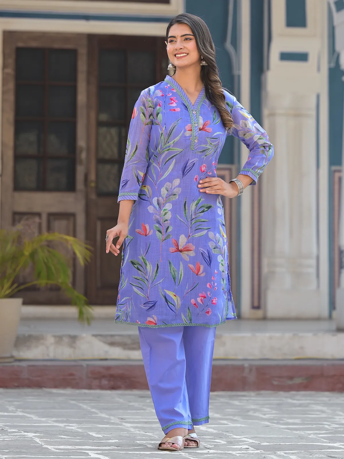 Lavender floral print cotton kurti set