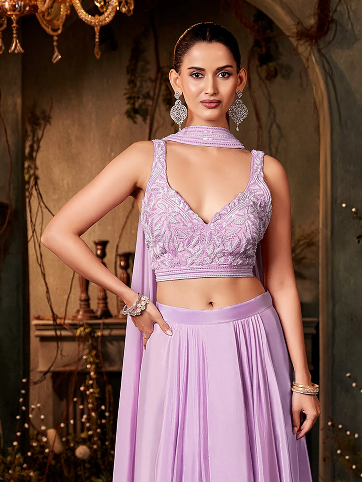 Lavender party wear crepe silk indowestern suit