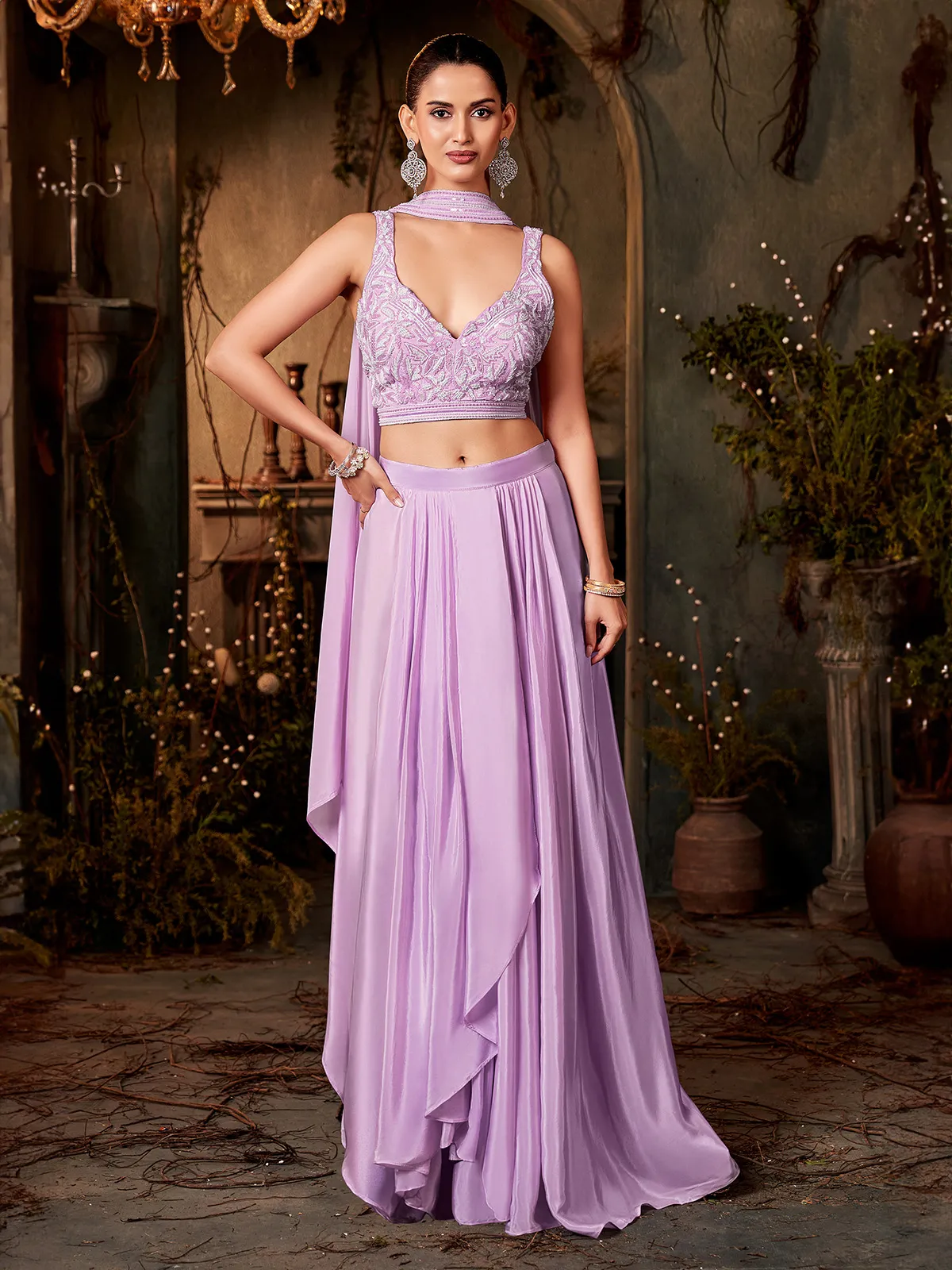 Lavender party wear crepe silk indowestern suit