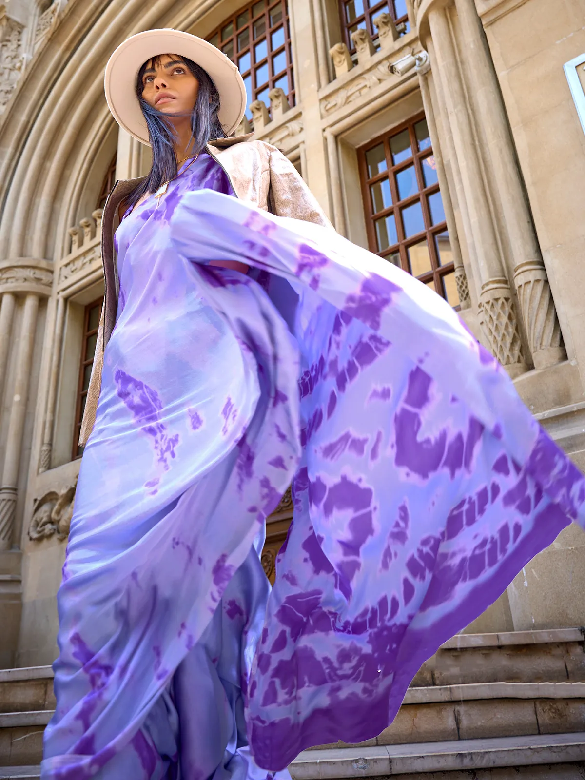 Lavender printed satin crepe saree