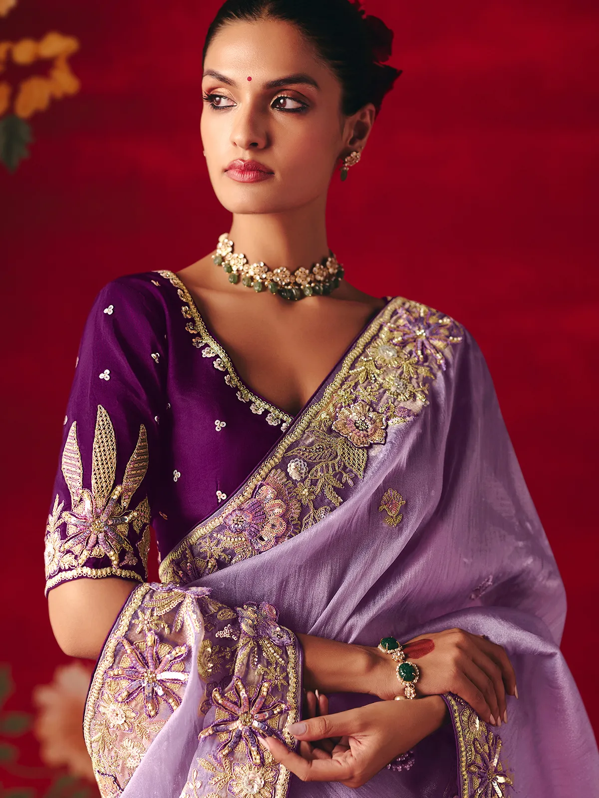 Lavender purple tissue organza embroidered work saree