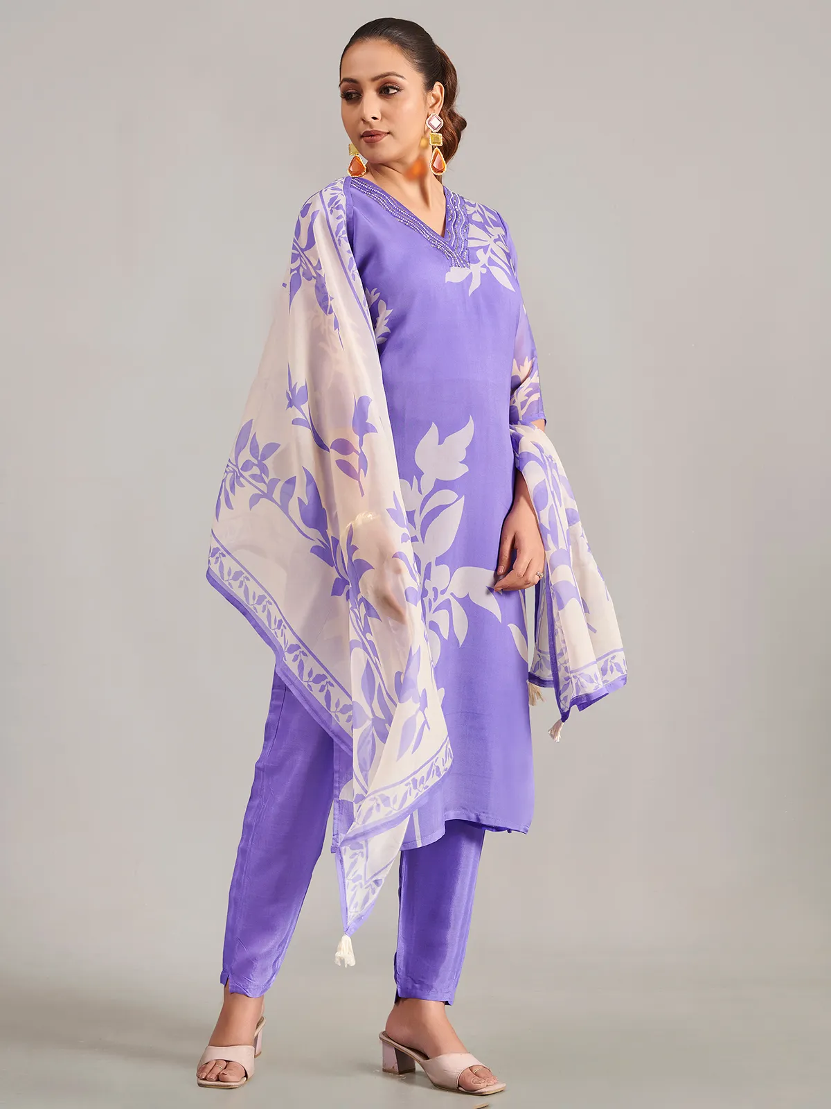 Lavender silk printed salwar suit