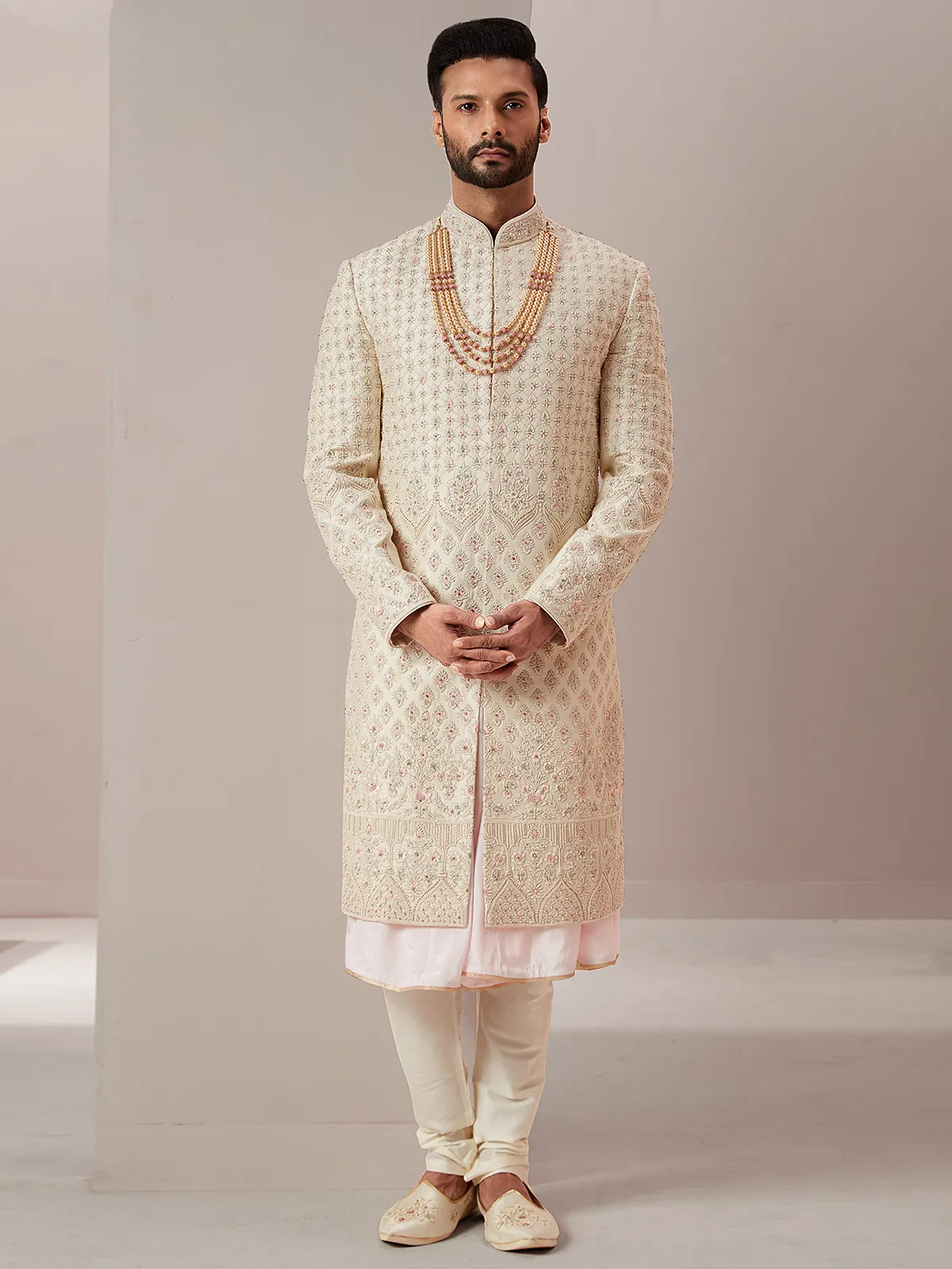 Lavish groom and wedding raw silk sherwani in peach