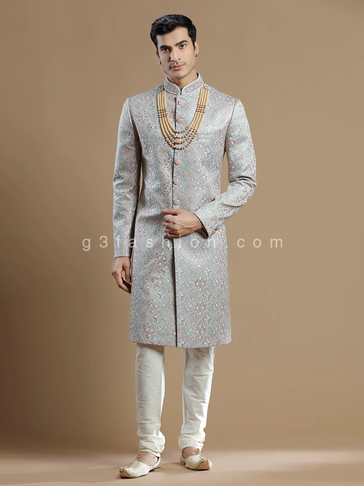 Lavish groom wear georgette sherwani in grey
