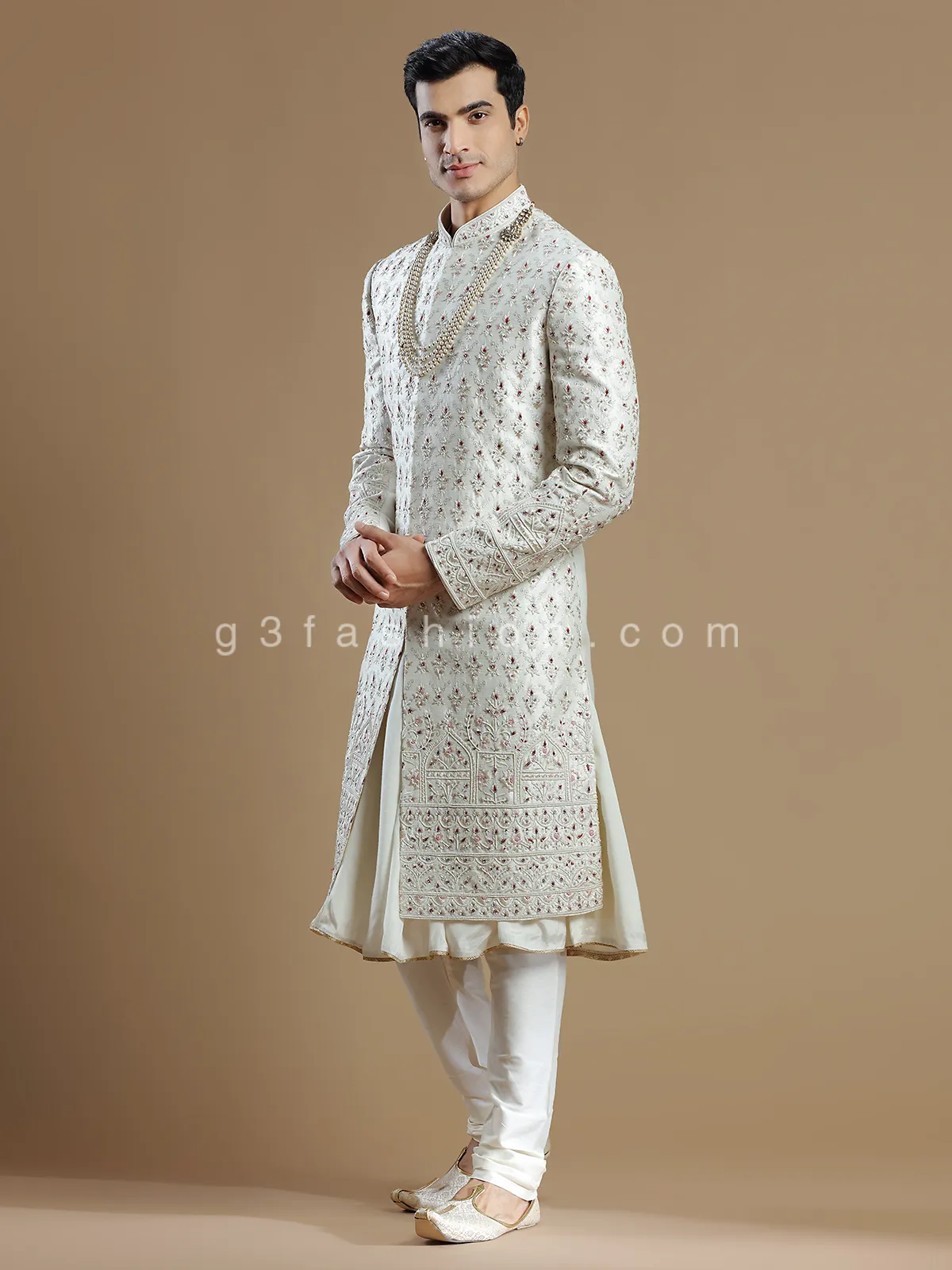 Lavish groom wear raw silk sherwani in cream