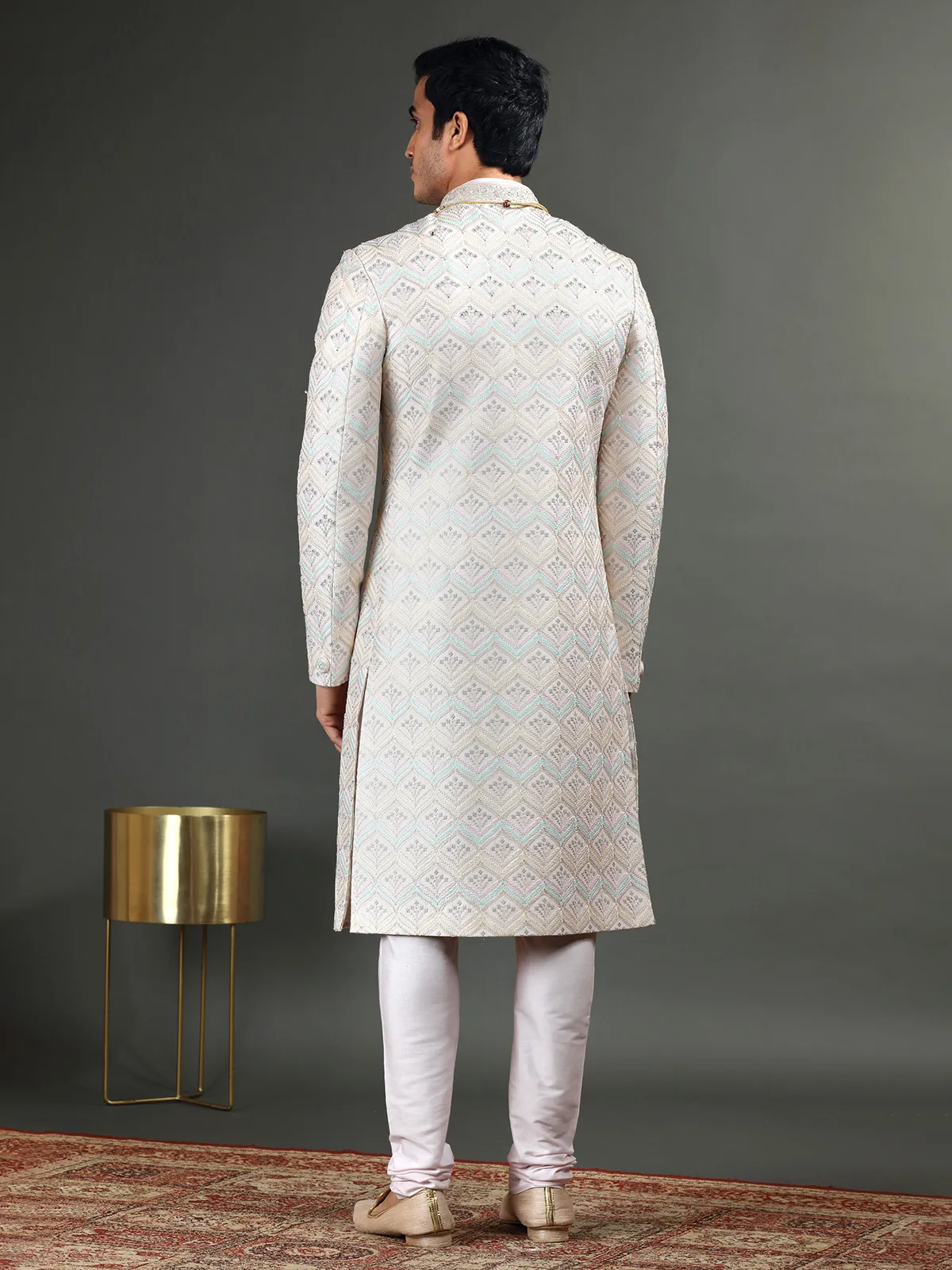 Lavish light pink raw silk sherwani