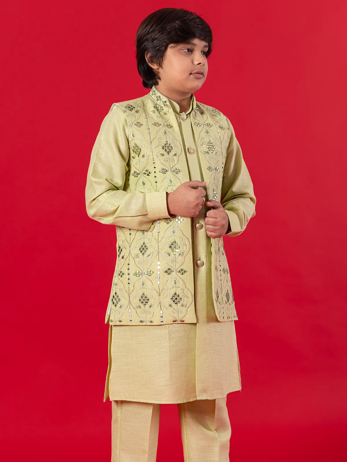 Lemon green waistcoat set with embroidey embellishment