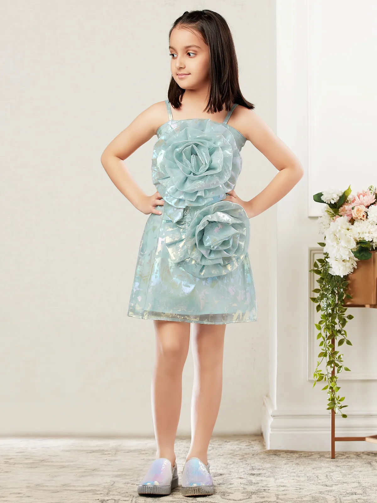 mint green birthday dress WEDTREND Women Green Flower Bridesmaid Dress with Split Front A Line  Ruffled Straps Corset Long Wedding Party Dress main image 1