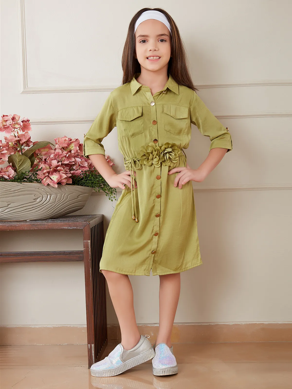 Leo n Babes olive satin girls frock