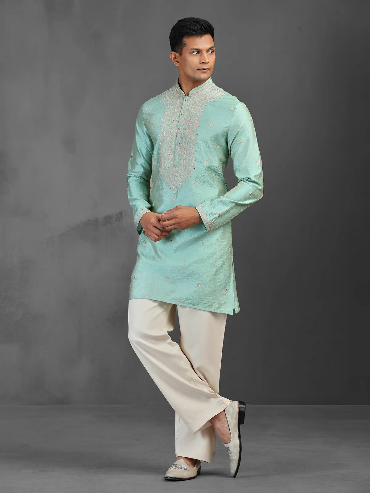 Light aqua art silk kurta suit for traditional celebration