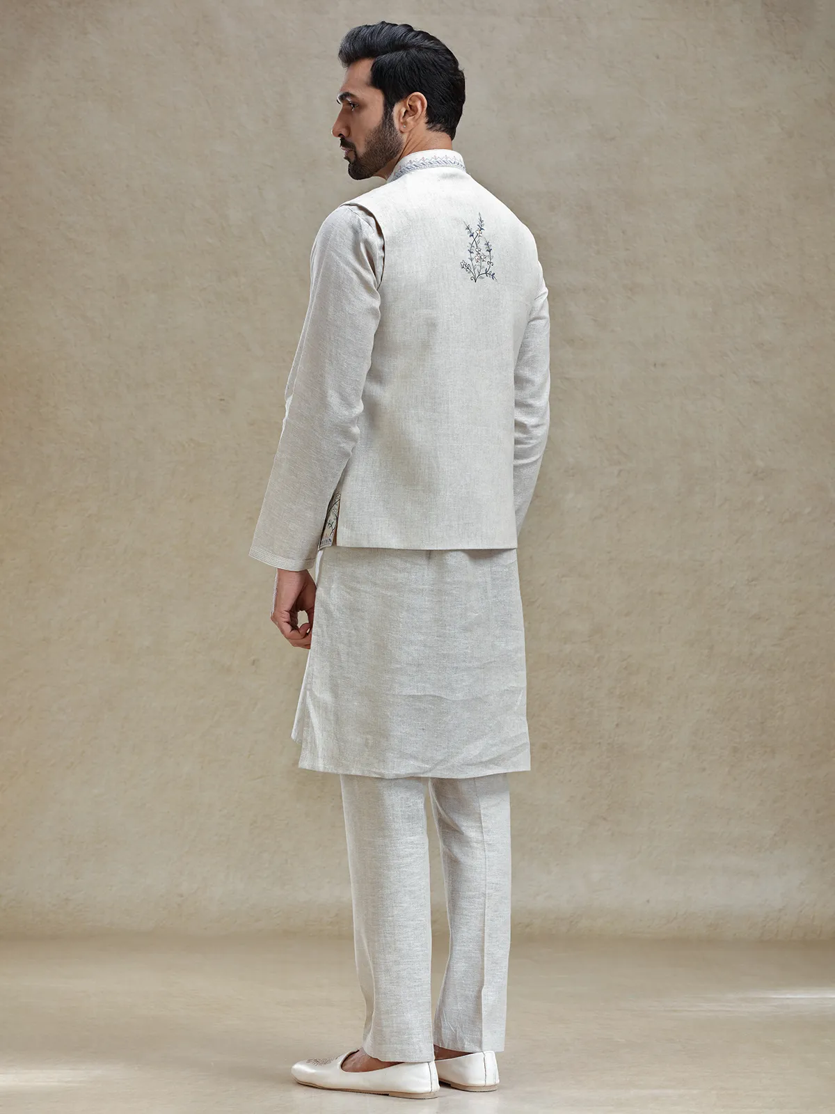 Light beige linen fabricated kurta jacket set