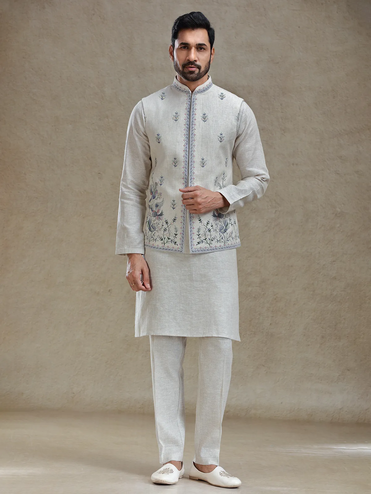 Light beige linen fabricated kurta jacket set