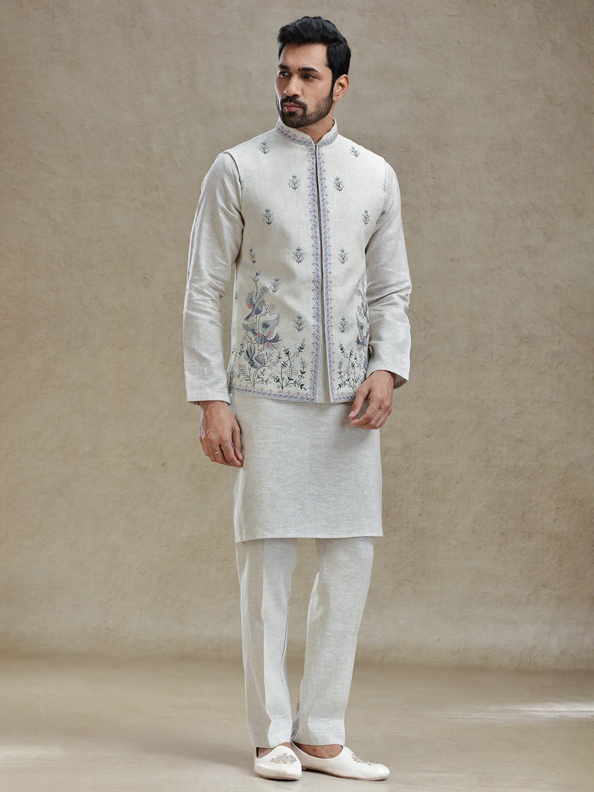 Light beige linen fabricated kurta jacket set