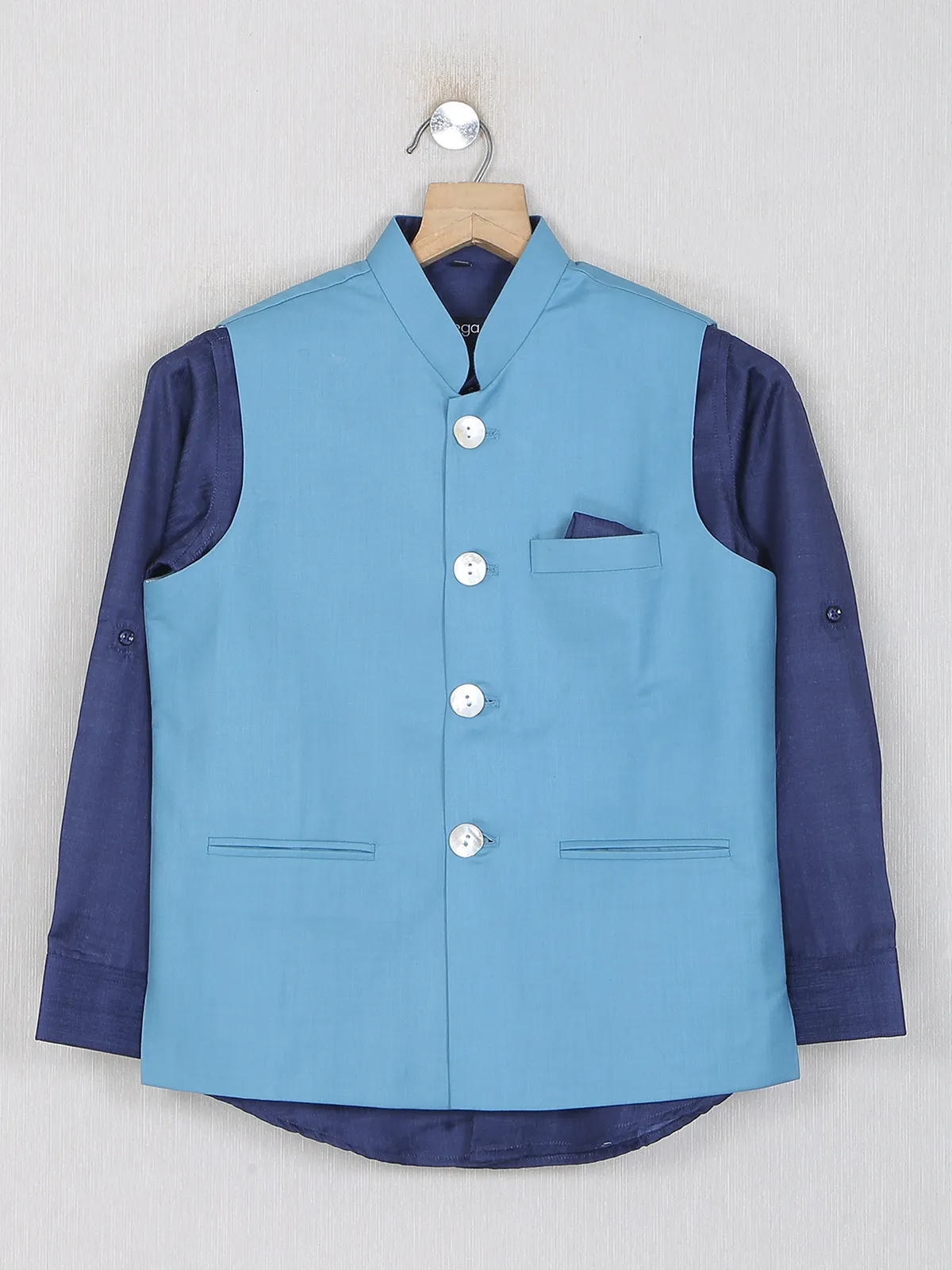 Light blue color silk plain waistcoat with shirt with in terry rayon