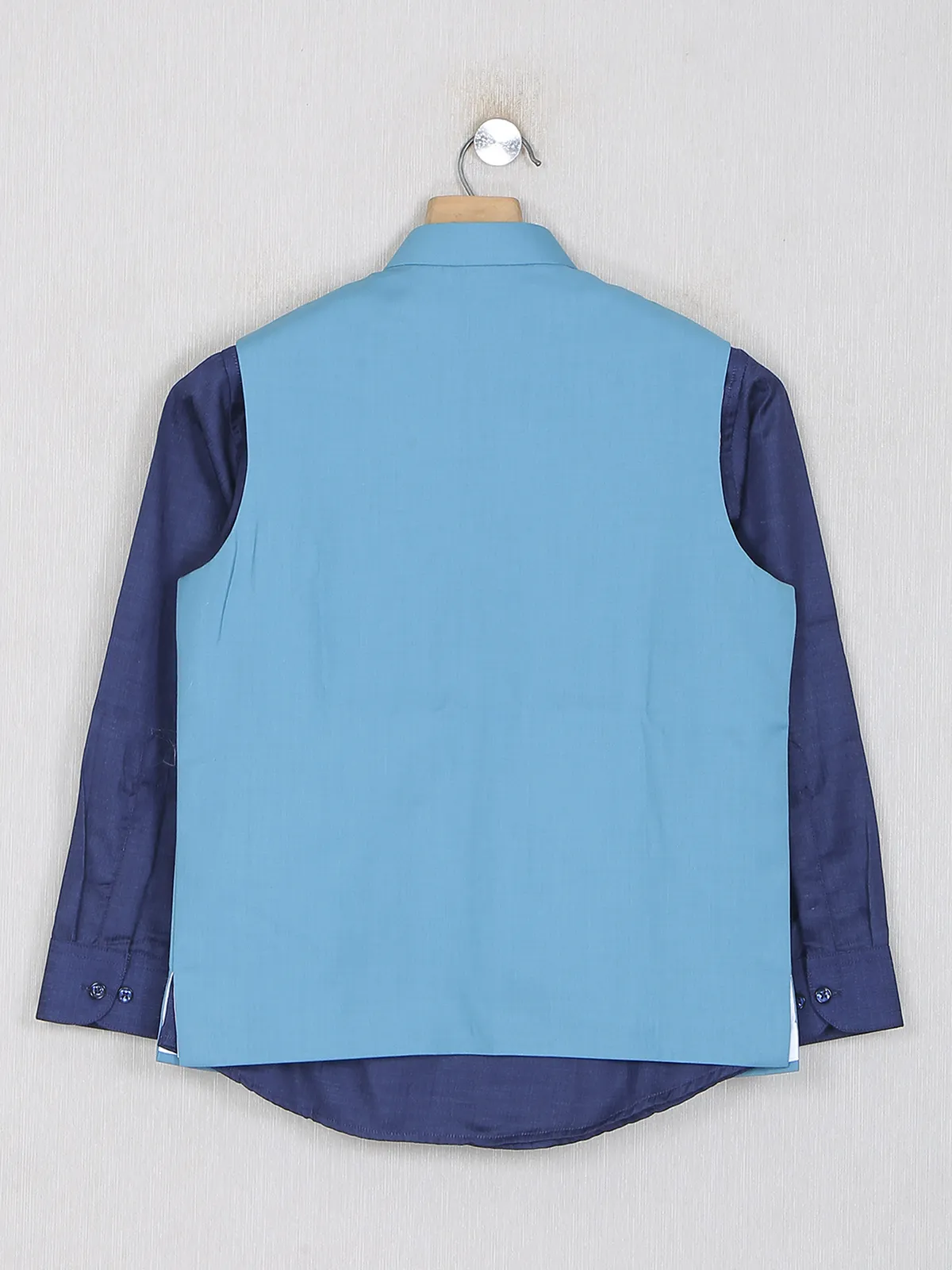 Light blue color silk plain waistcoat with shirt with in terry rayon