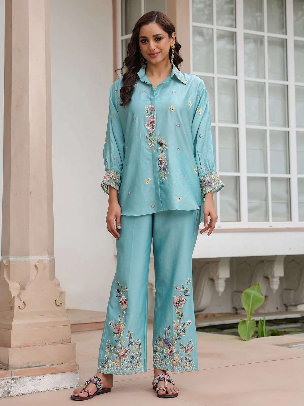 Light blue embroidery silk tencel co-ord set