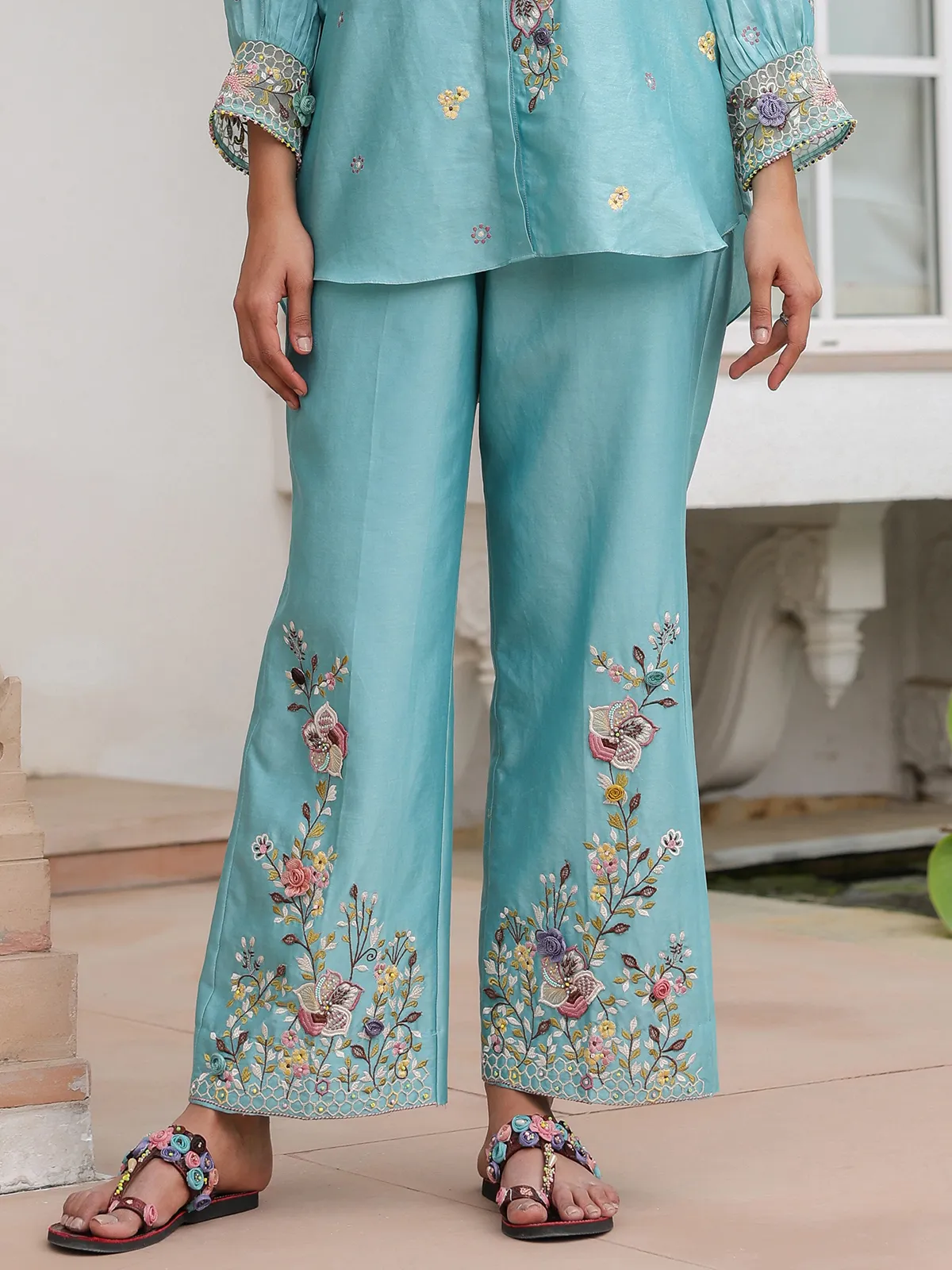 Light blue embroidery silk tencel co-ord set