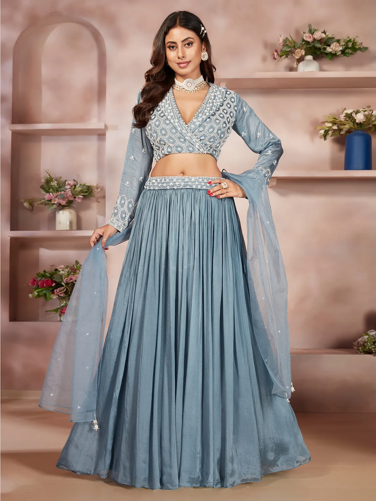 Light blue lehenga choli in silk G3 WLC15438