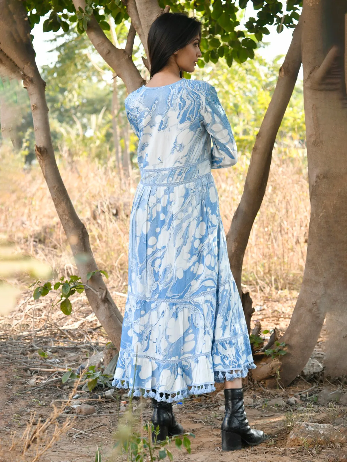 Light blue printed cotton long kurti