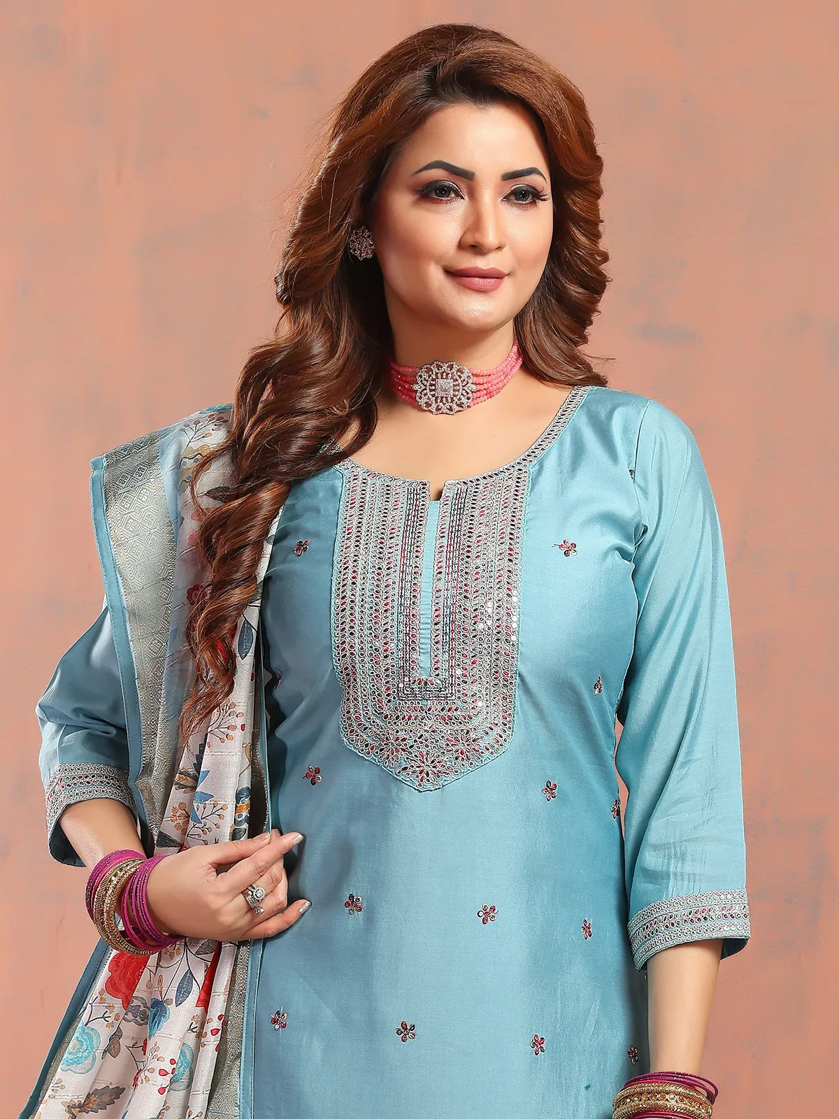 Light blue salwar suit with printed dupatta