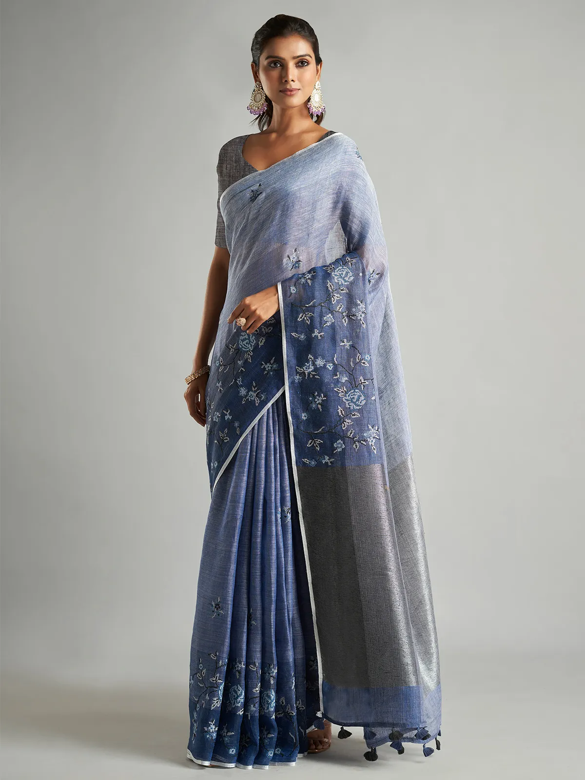 Light blue shaded cotton linen saree