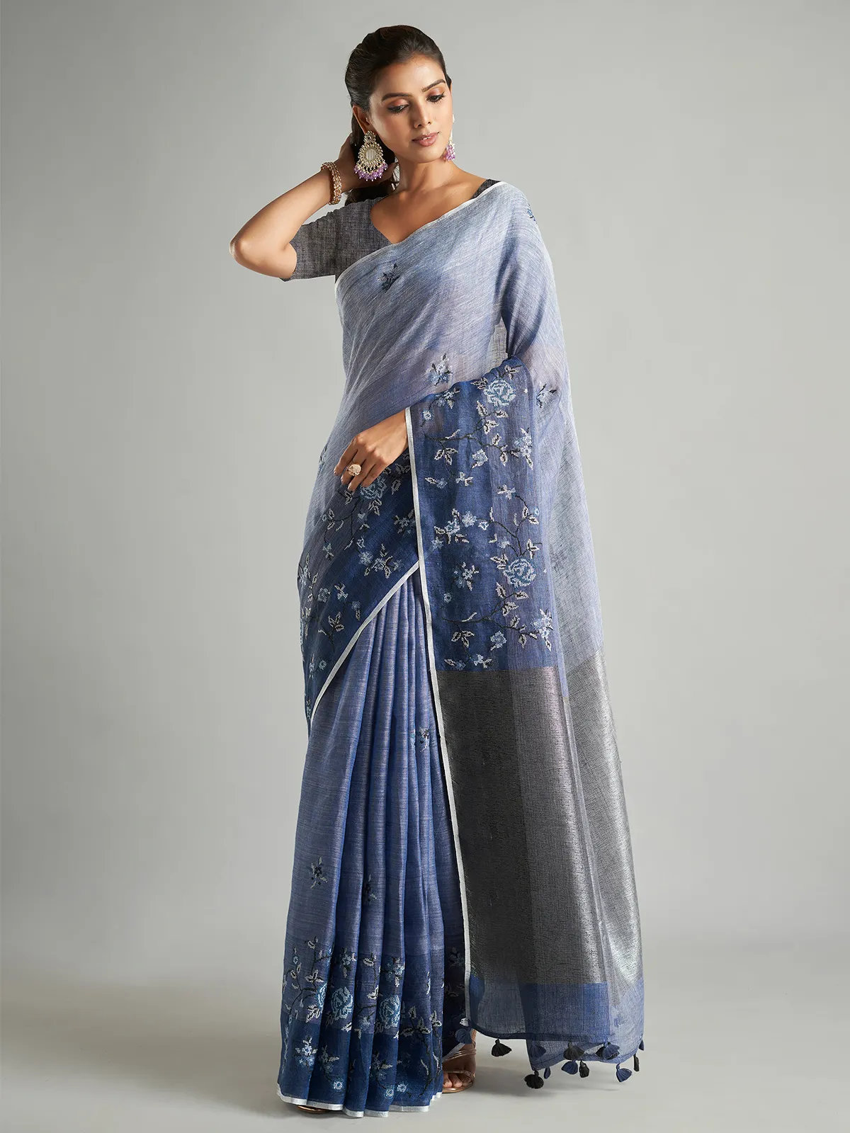 Light blue shaded cotton linen saree