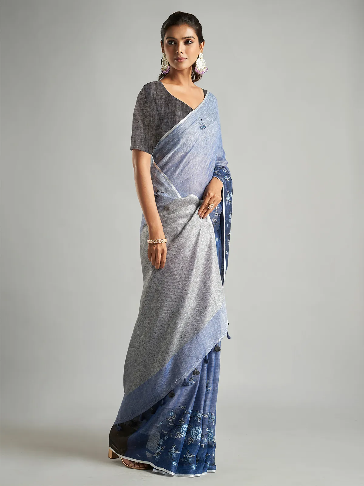 Light blue shaded cotton linen saree