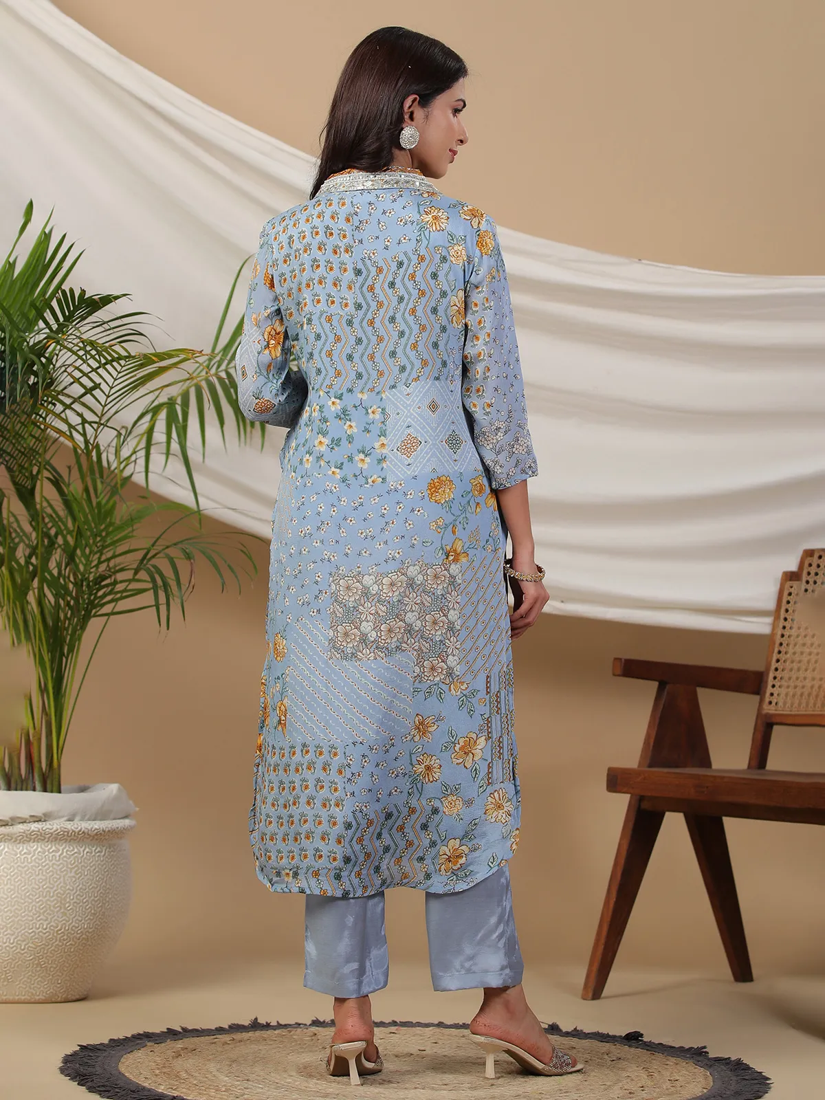 Light blue silk floral printed kurti with pant