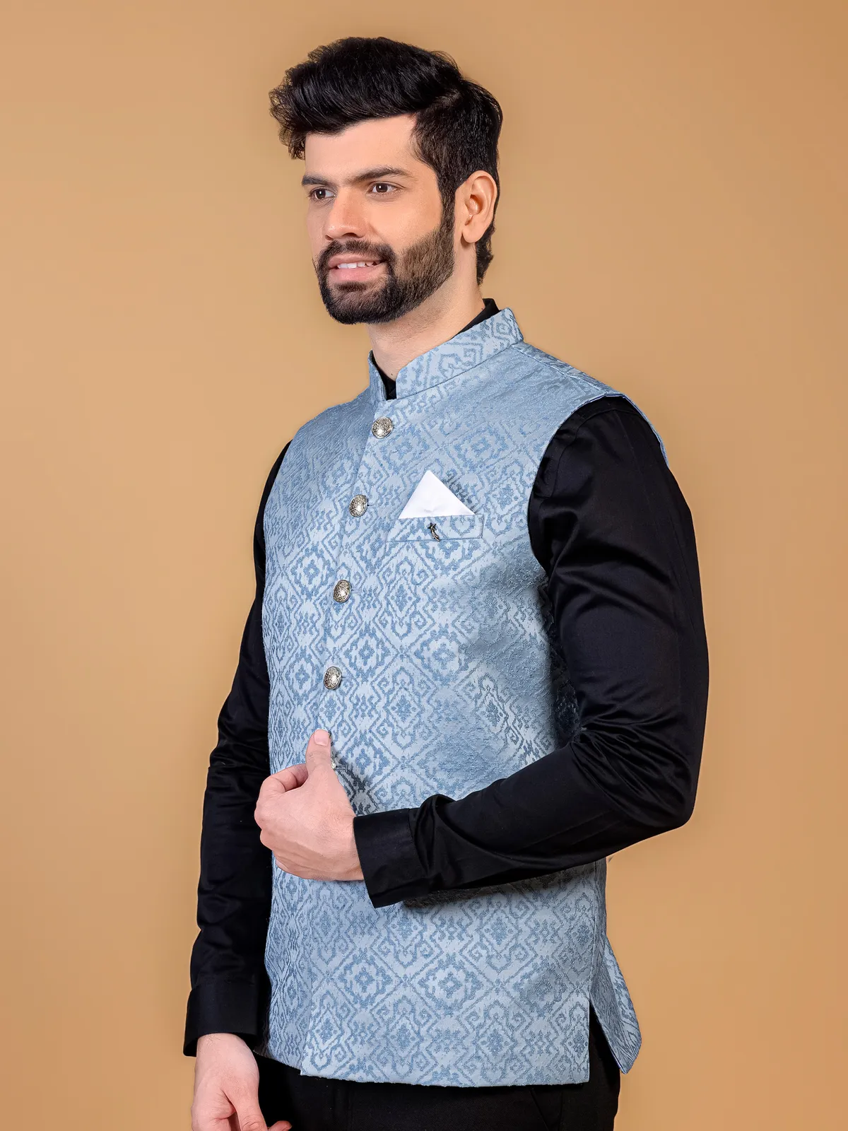 Light blue silk waistcoat for festive