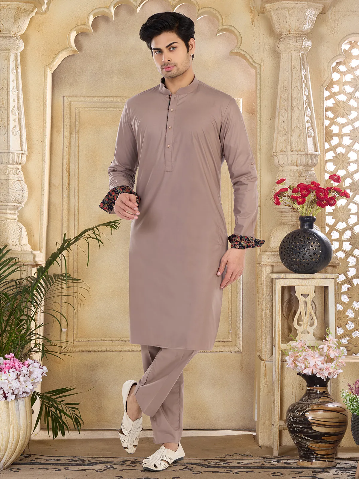 Light brown cotton plain  Men Kurta pajama